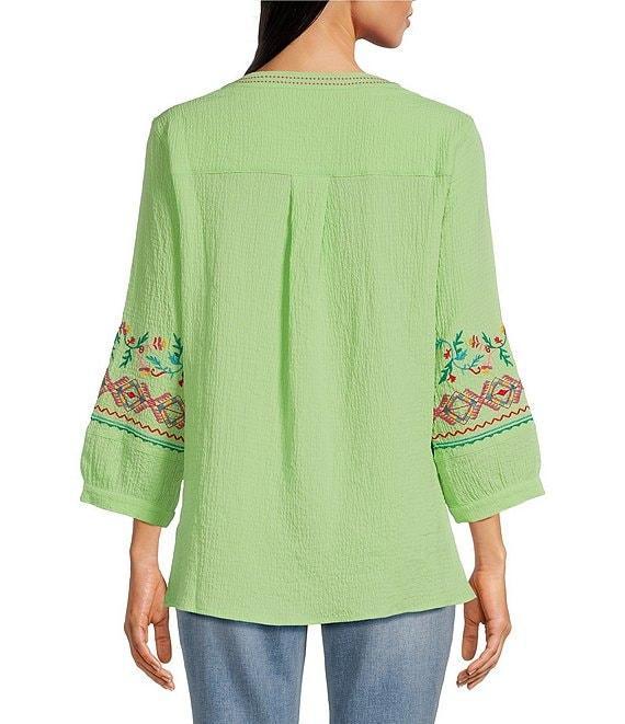 Calessa Embroidered Patchwork Split V-Neck 3/4 Sleeve Tunic Product Image