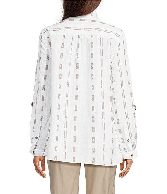 Ali Miles Stripe Dotted Geometric Linen Blend Wire Collar 3/4 Roll-Tab Sleeve Tunic Product Image