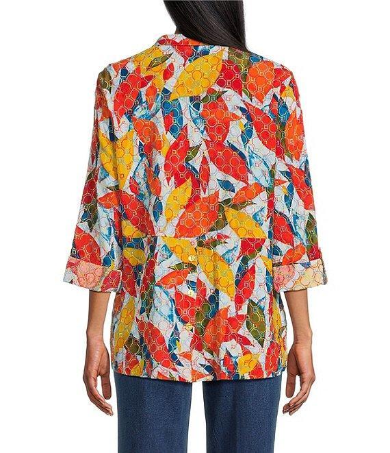 John Mark Petite Size Embroidered Abstract Leaf Print Wire Collar 3/4 Roll-Tab Sleeve Hi-Low Hem Button Front Tunic Product Image