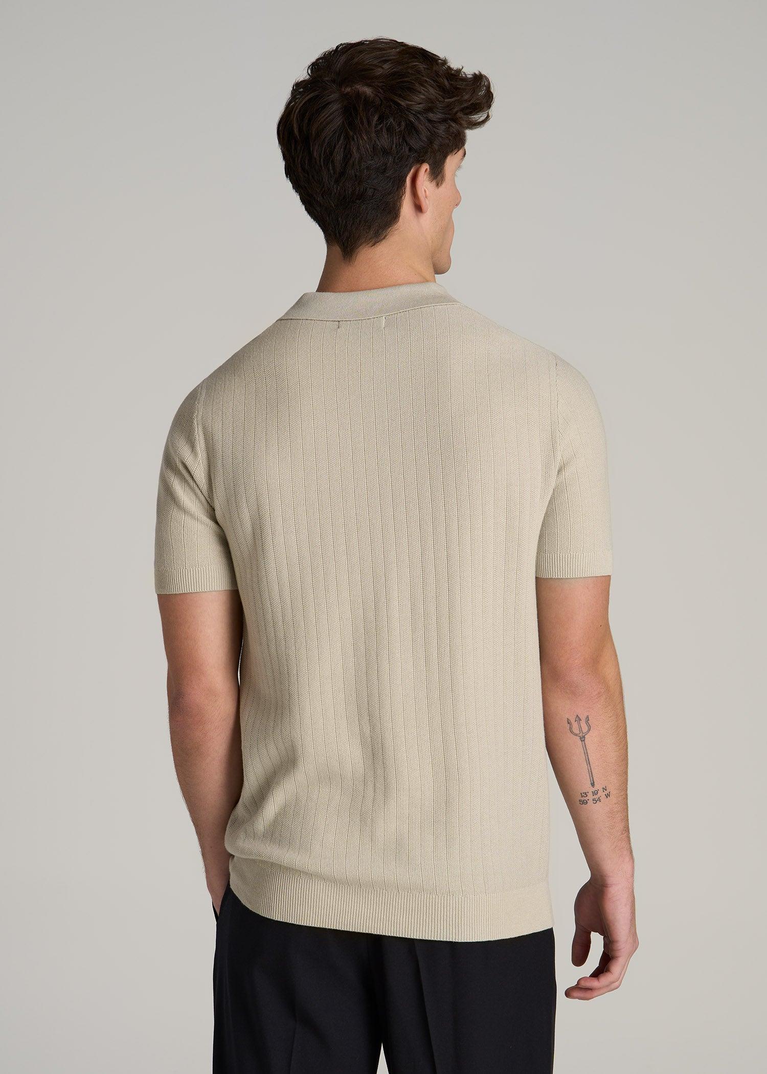 Linen Blend Ribbed Knit Polo Shirt for Tall Men in Stone Male Product Image