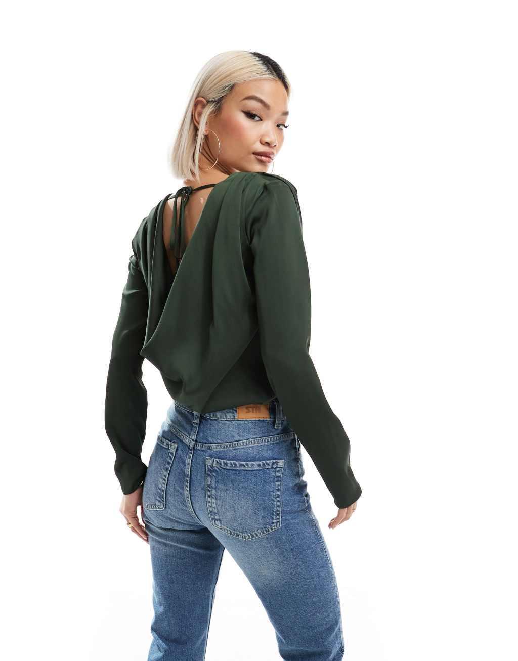 ASOS DESIGN satin cowl bodysuit in green Product Image