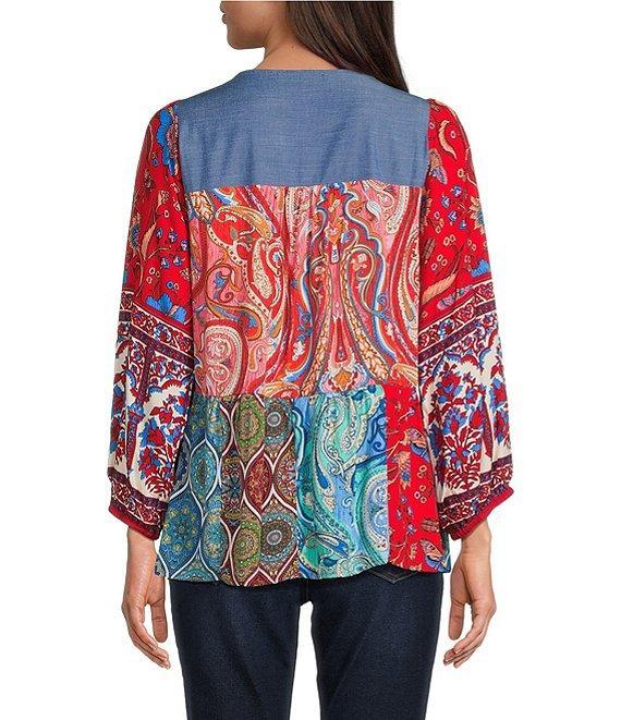 Calessa Petite Size Embroidered Printed Split V-Neck 3/4 Sleeve Tunic Product Image