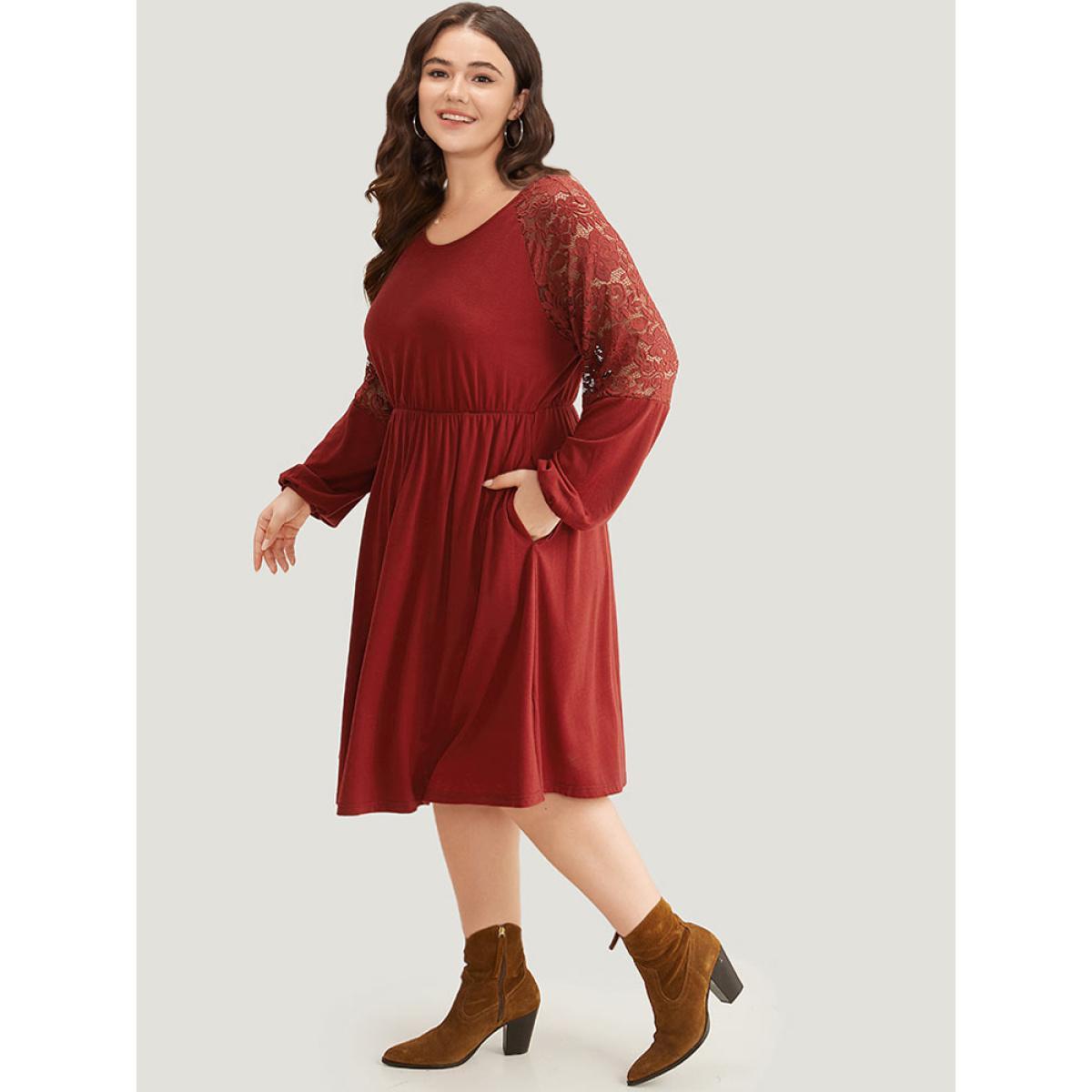 Plus Size Plain Pocket Lace Panel Lantern Sleeve Dress Scarlet Women Casual Elastic cuffs Round Neck Long Sleeve Curvy Midi Dress BloomChic 18-20/2X Product Image