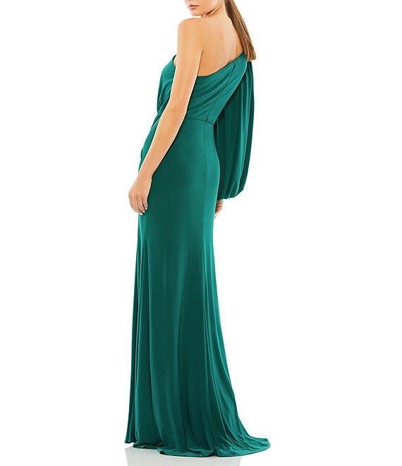 Mac Duggal One Sleeve Asymmetrical Neckline Draped Front Ruched Bodice Faux Wrap Jersey Gown Product Image