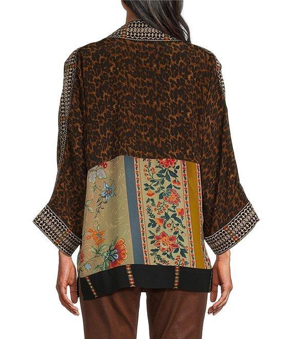 John Mark Woven Multi Print Embroidered Open Front Neck 3/4 Sleeve Kimono Jacket Product Image