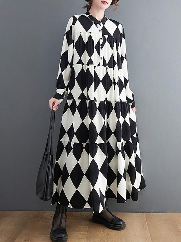 A-Line Long Sleeves Buttoned Plaid Polo Midi Dresses Product Image