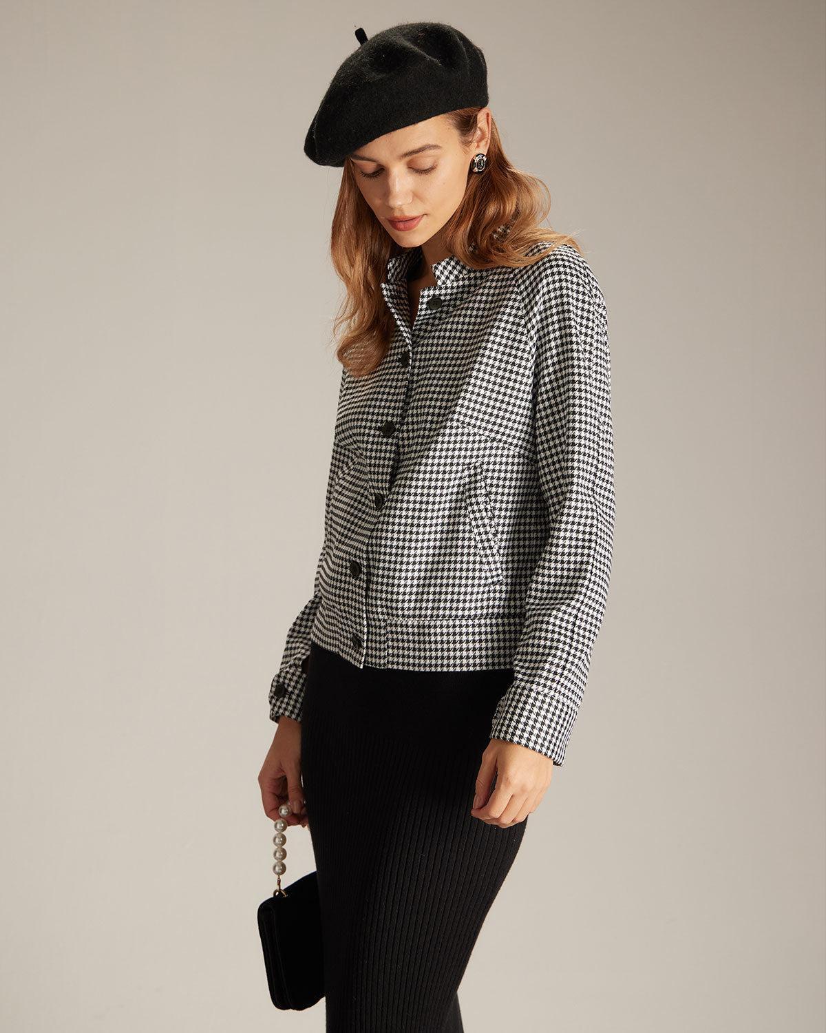 The Black Mock Neck Houndstooth Jacket Product Image