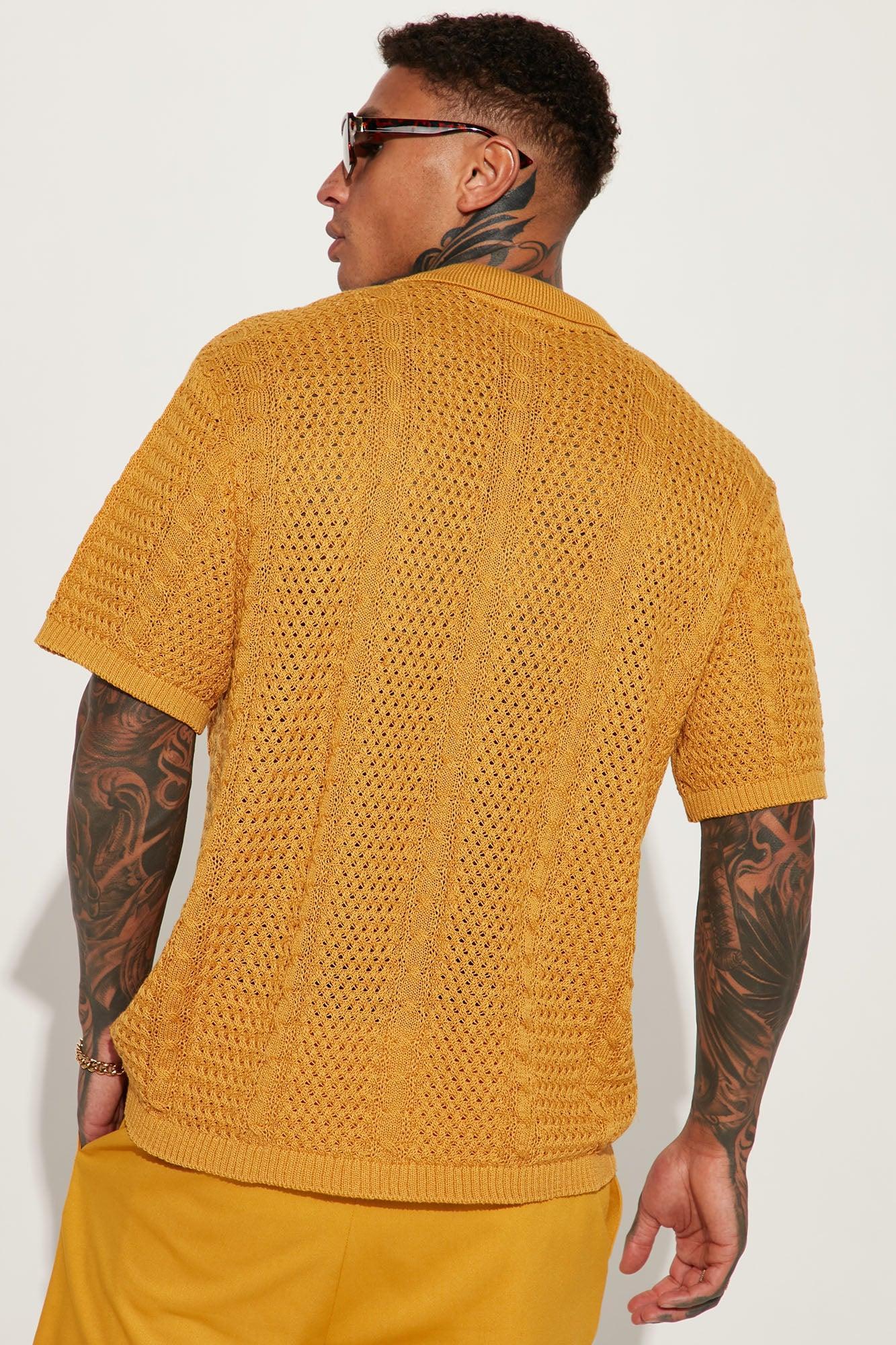 Unwind Cable Knit Short Sleeve Button Up - Mustard Product Image