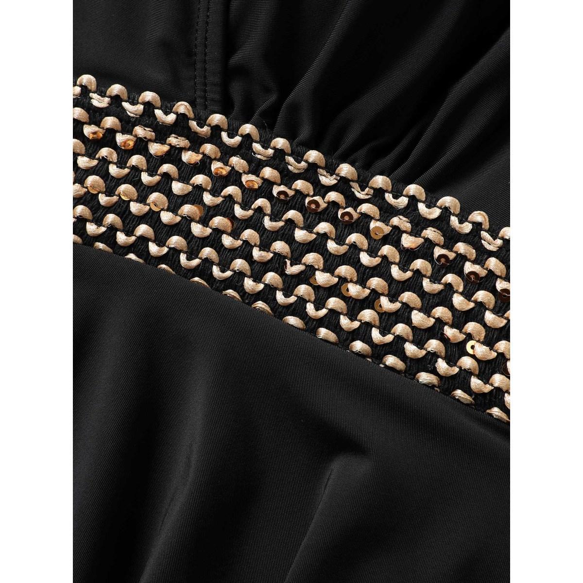 Plus Size V Neck Tiered Ruffles Contrast Webbing Swim Top Women's Swimwear Black Beach Patchwork High stretch Bodycon Overlap Collar Curve Swim Tops BloomChic 22-24/3X Product Image