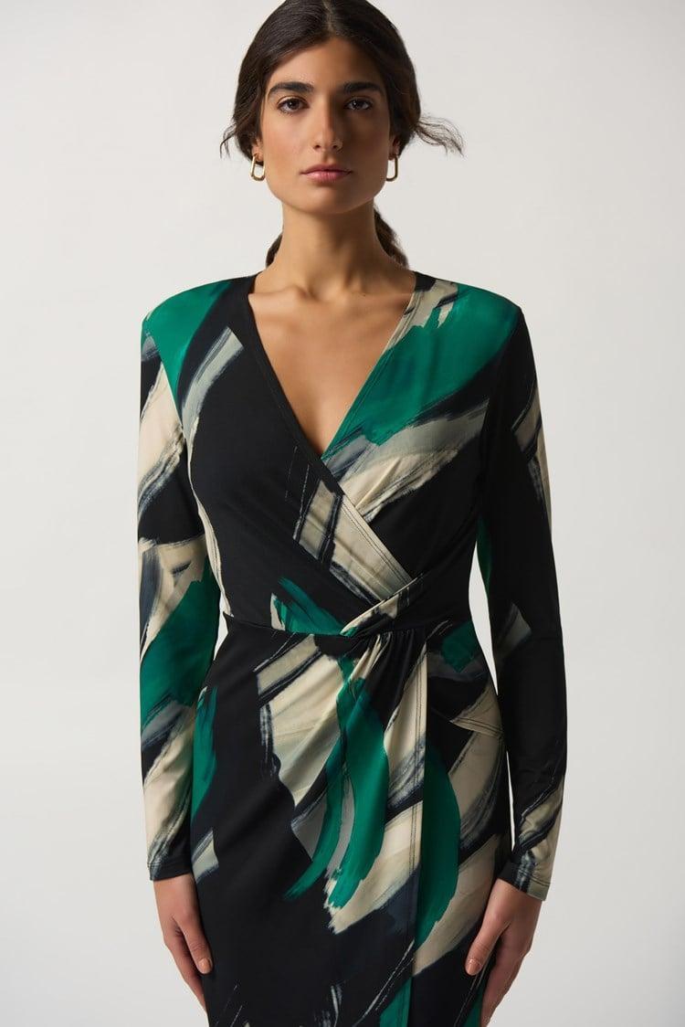 Abstract Print Wrap Dress- Black Multi Product Image