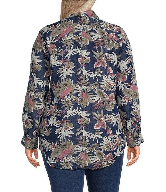 Intro Plus Size Lyocell Slub Dark Wash Pal Print Point Collar Long Roll-Tab Sleeve Shirt Product Image