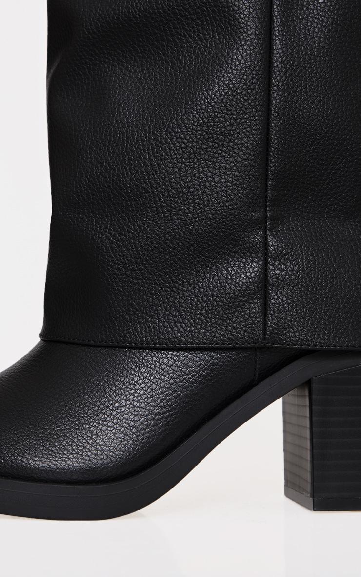 Black Pu Round Toe Fold Over Low Block Heel Boots Product Image