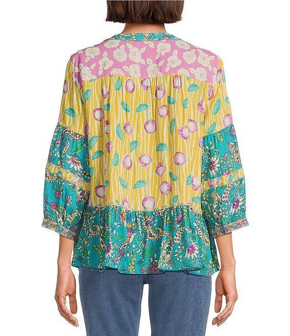 John Mark Embroidered Multi Print Banded Y-Neck 3/4 Sleeve Popover Top Product Image