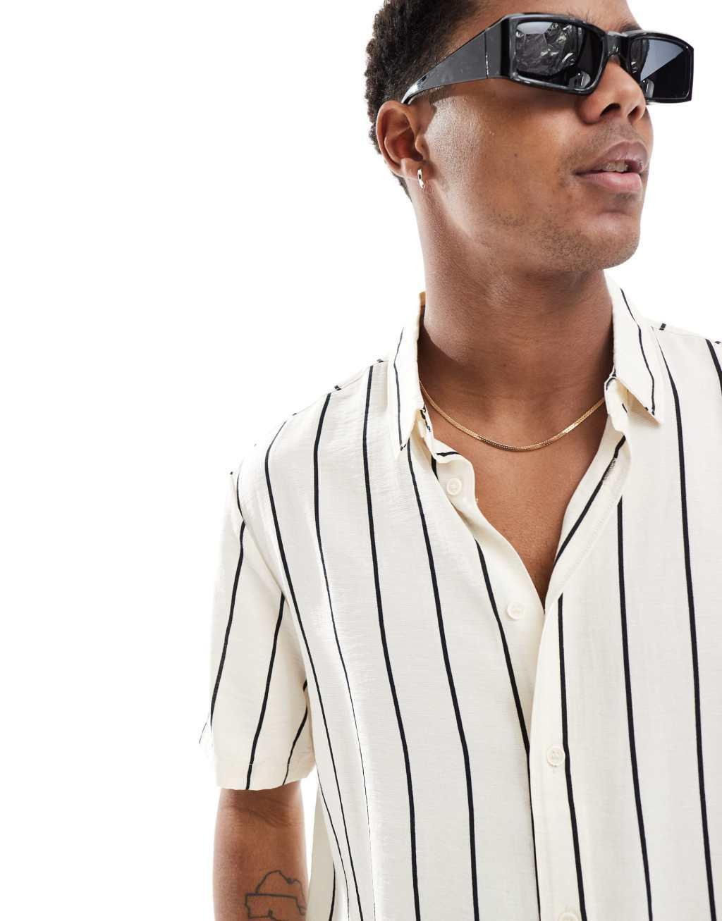 Bershka crinkle stripe shirt in ecru Product Image