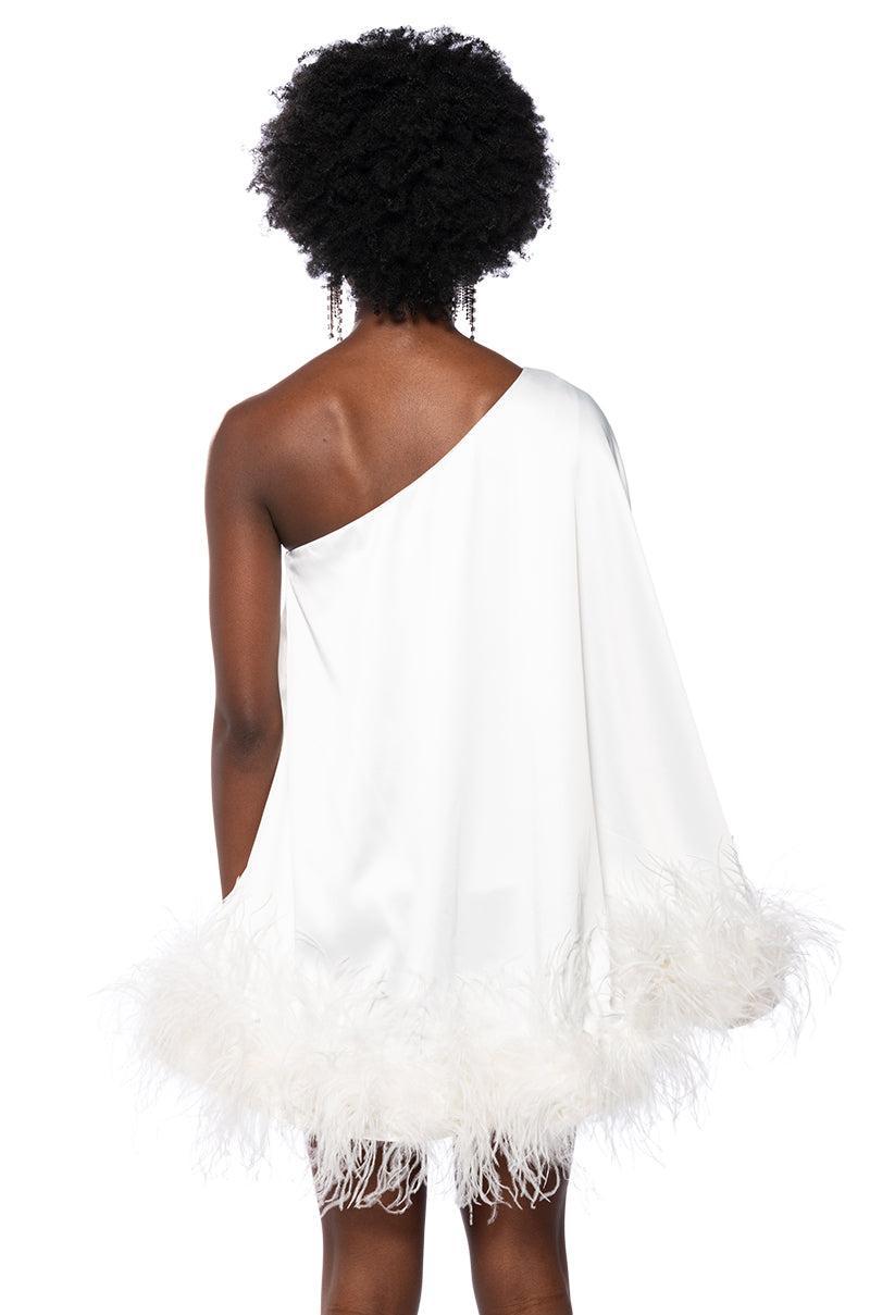 ISNT IT LOVELY ONE SHOULDER FEATHER HEM MINI DRESS IN WHITE Product Image