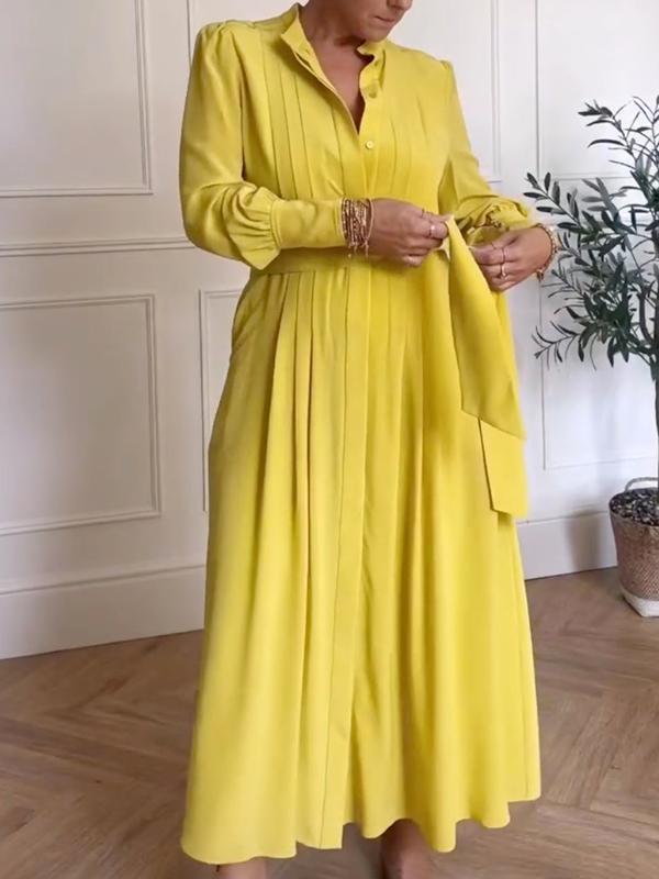 A-Line Long Sleeves Buttoned Pleated Pockets Solid Color Tied Waist V-Neck Maxi Dresses Product Image