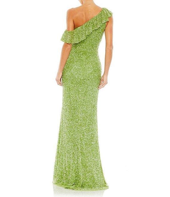 Mac Duggal Sequin Asymmetrical Ruffle Neck Short Sleeve Gown Product Image