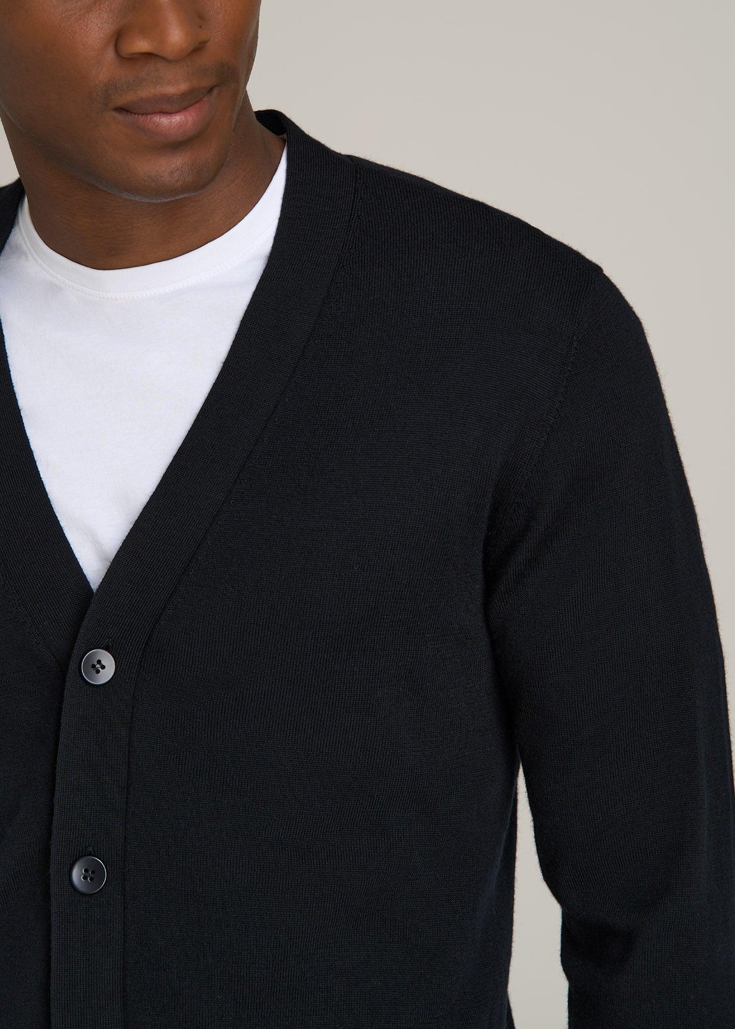 Merino Wool Cardigan Sweater for Tall Men in Black Product Image