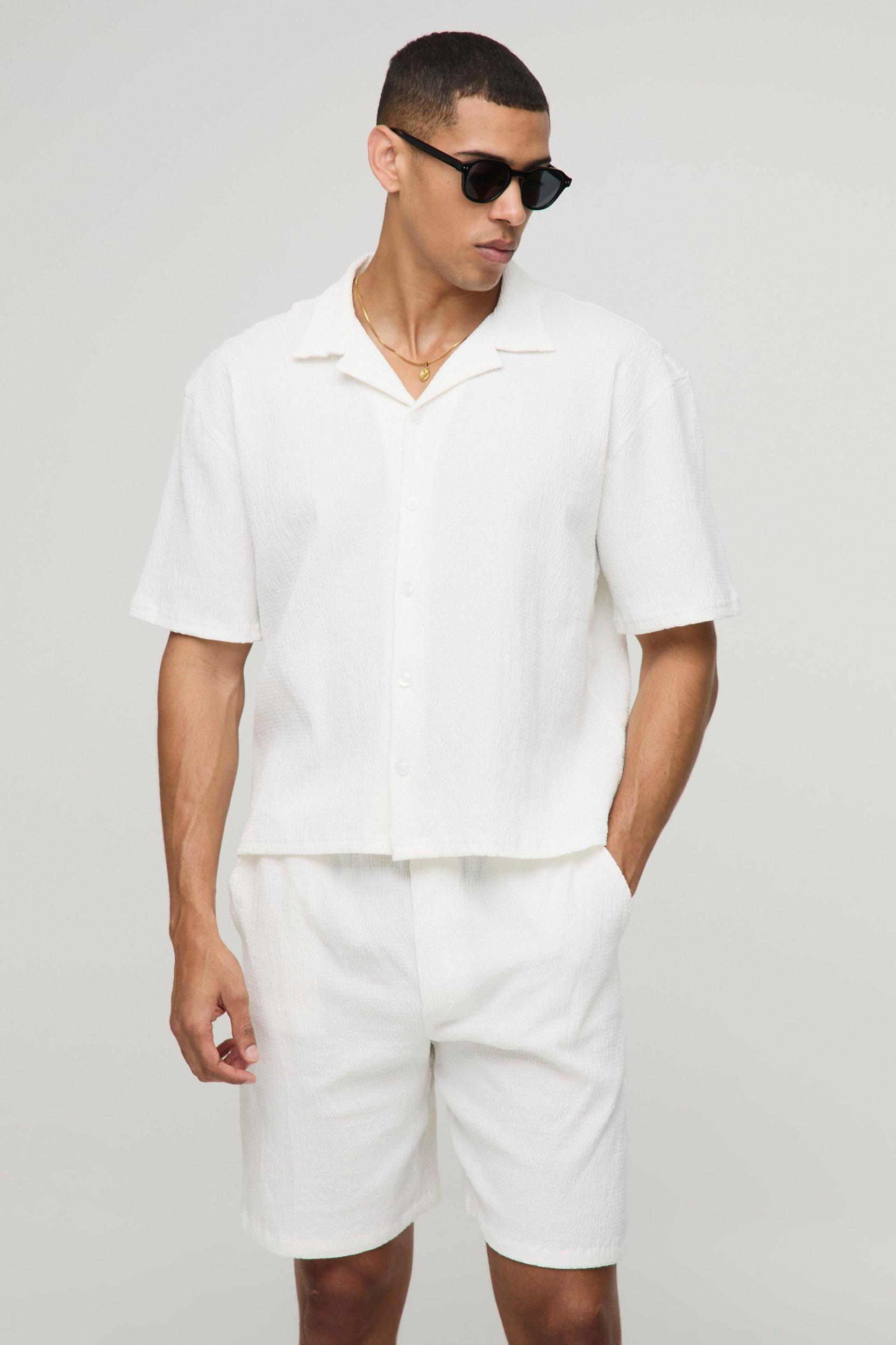 Oversized Boxy Seersucker Crinkle Shirt & Short Set | boohooMAN USA Product Image