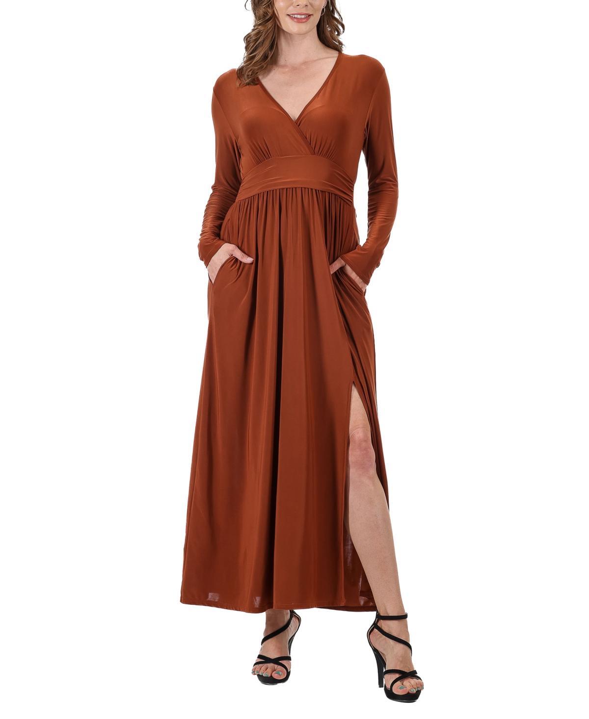 24seven Comfort Apparel Womens Long Sleeve V-neck Side Slit Maxi Dress Product Image