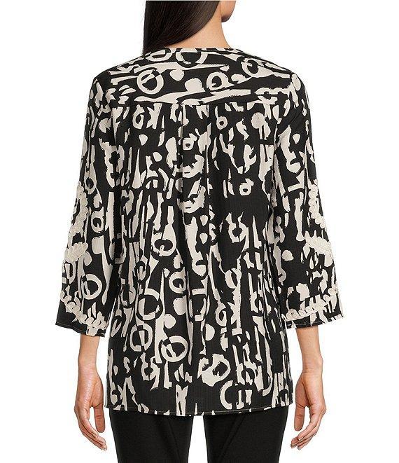 Calessa Printed Soutache Embroidered Split V-Neck 3/4 Sleeve Top Product Image