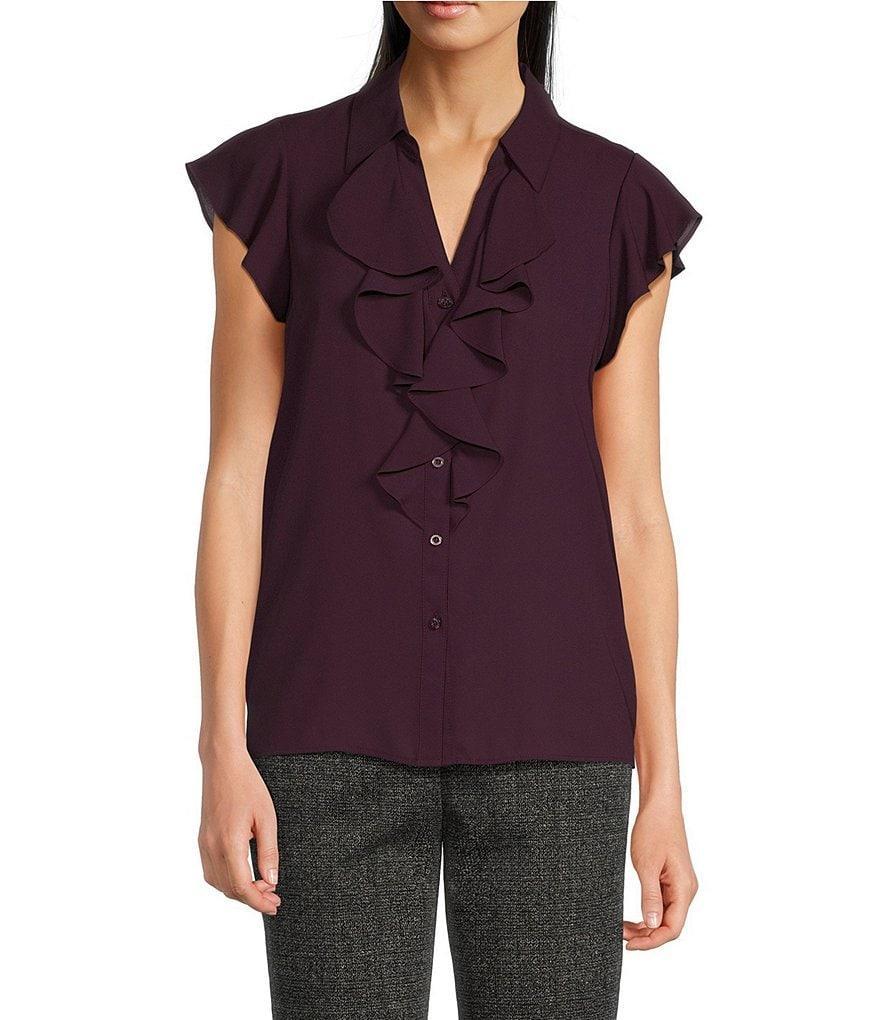 Calvin Klein Collared Flutter Cap Sleeve Cascading Ruffle Button Front Blouse Product Image