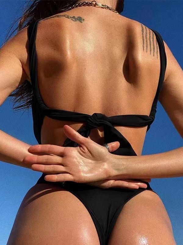 Solid Cutout Backless Tie Up One-Piece Product Image