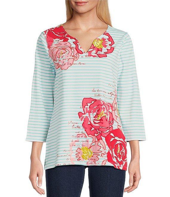 Ruby Rd. Knit Floral Embroidered Split Neck 3/4 Sleeve Top Product Image