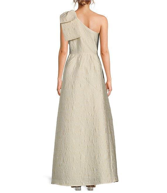 Abbey Glass Caroline Asymmetrical Neck Sleeveless Bow One Shoulder Bow Jacquard Pocketed A-Line Gown Product Image