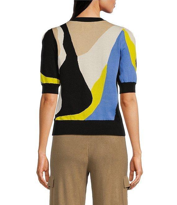 Donna Karan Knit Color Block Crew Neck Elbow Puff Sleeve Top Product Image