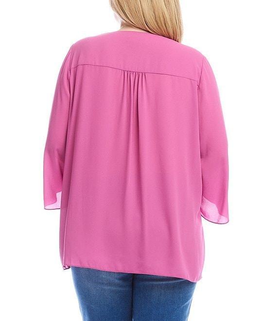 Karen Kane Plus Size Silky Crepe V-Neck 3/4 Flare Sleeve Asymmetric Crossover Hem Top Product Image