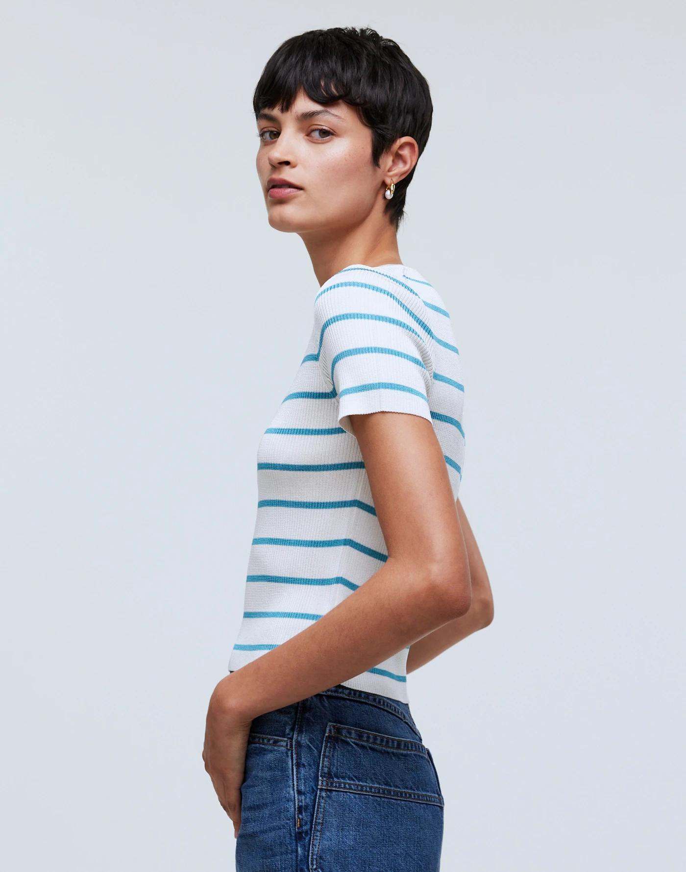 Cropped Crewneck Sweater Tee in Stripe Product Image