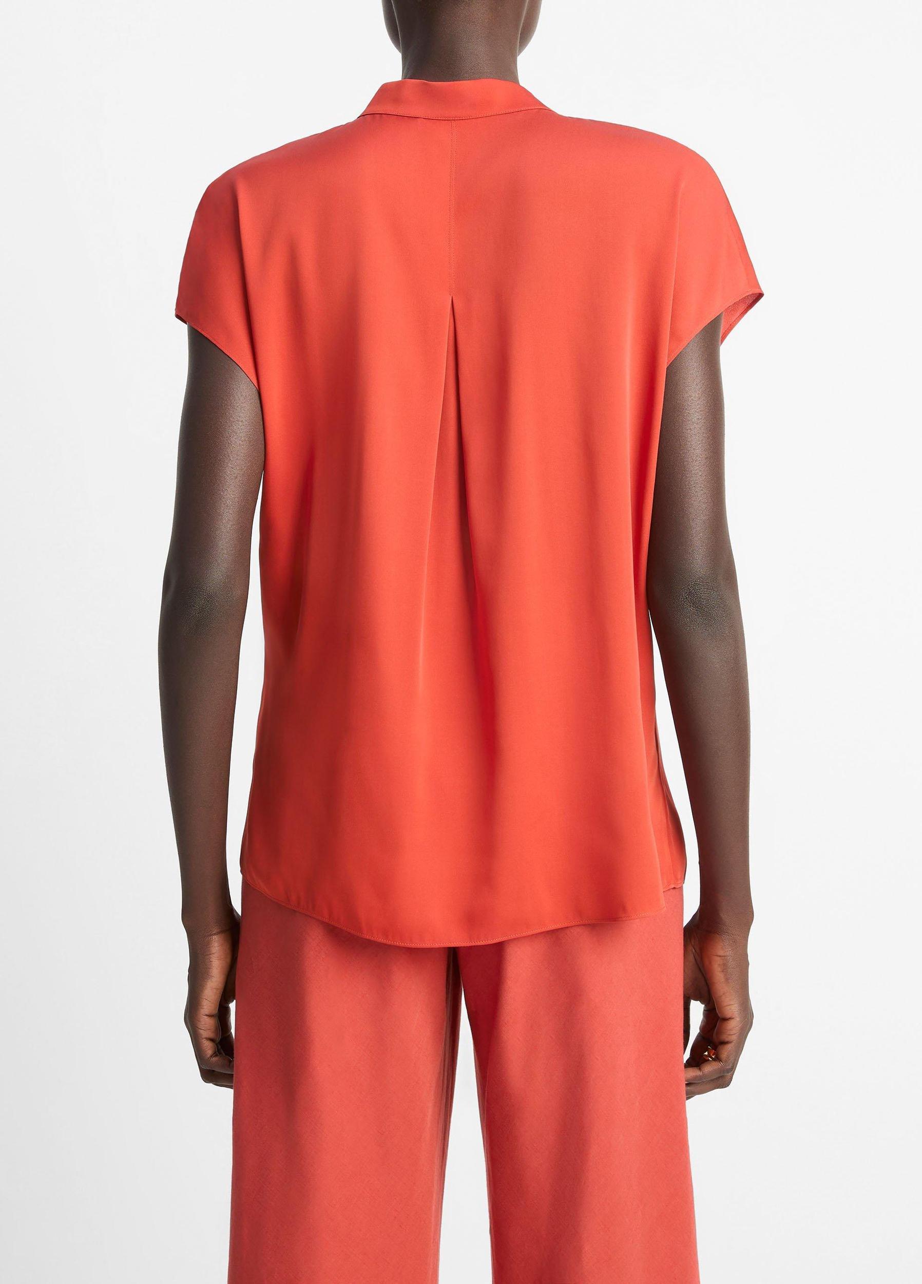 Contrast-Placket Stretch-Silk Cap-Sleeve Blouse Product Image