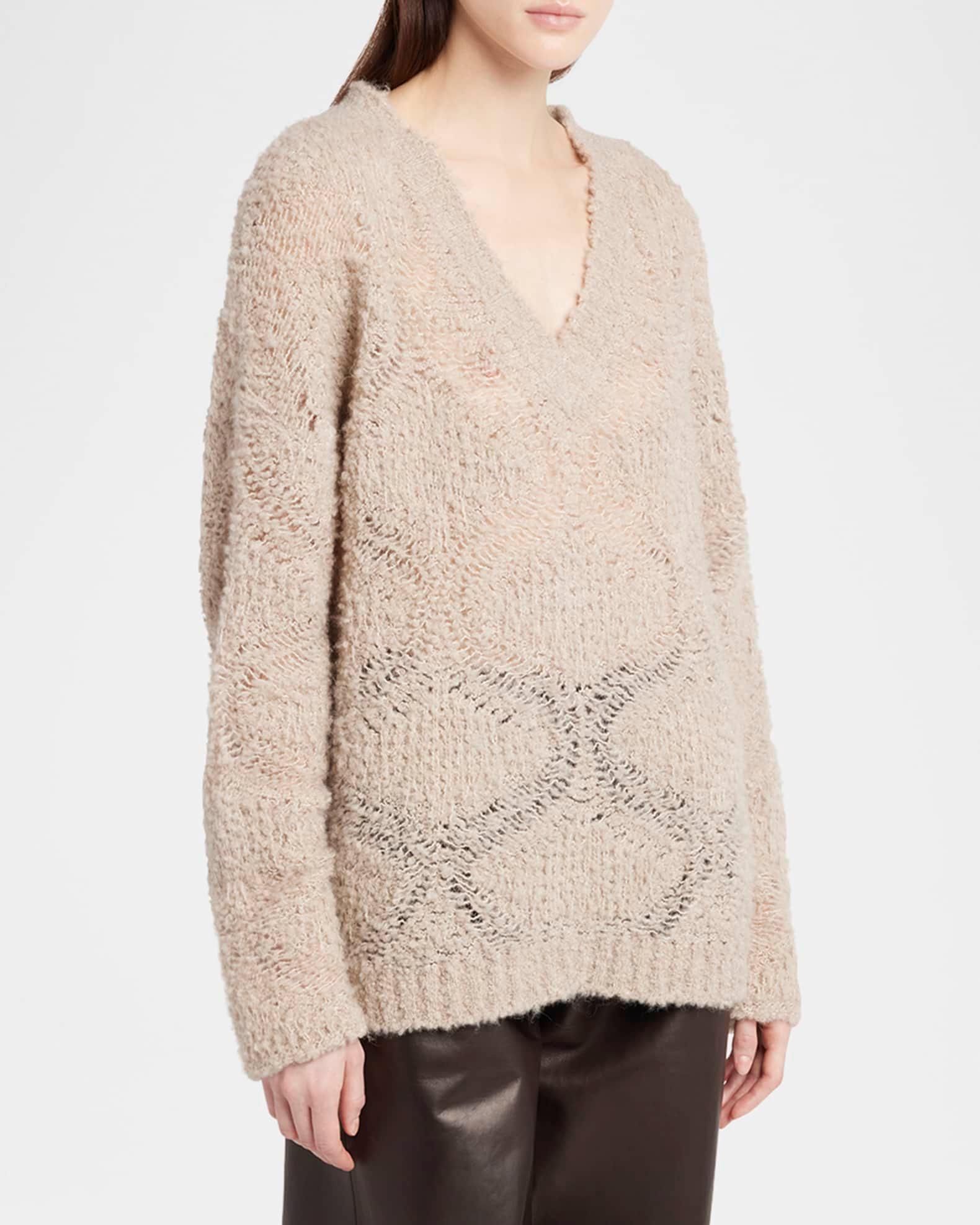 V-Neck Wool Cashmere Open-Knit Sweater Product Image