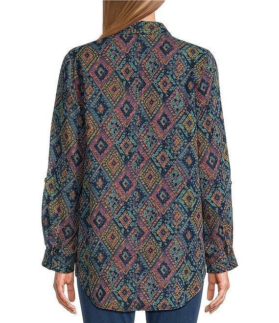 Intro Lyocell Geo Print Collared Long Roll-Tab Sleeve Snap-Front Shirt Product Image