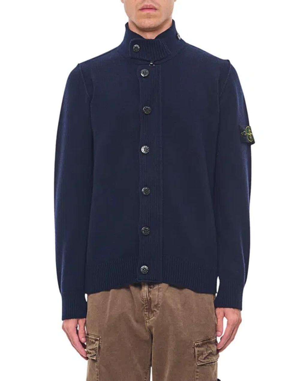 STONE ISLAND High Neck Logo Patch Ribbed Cardigan In Blue Product Image