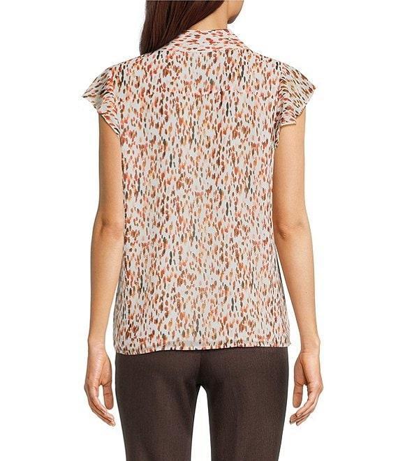 Calvin Klein Printed Chiffon Point Collar Cap Sleeve Ruffle Button Front Blouse Product Image