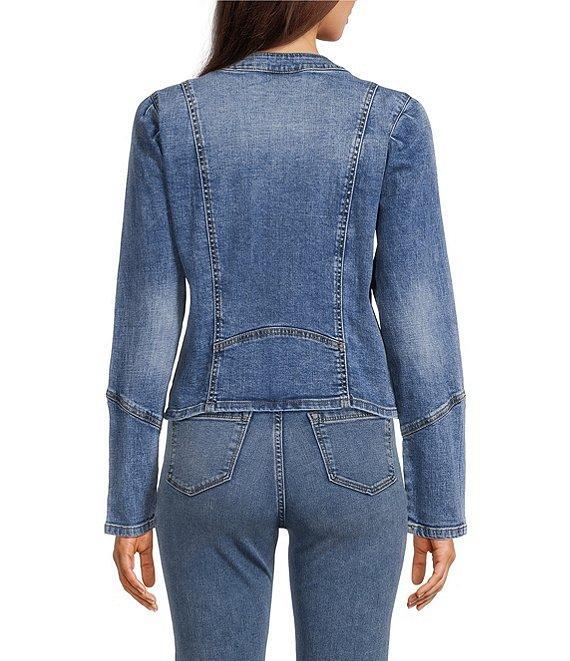 KARL LAGERFELD PARIS Stretch Denim Round Neck Long Sleeve Button Down Jacket Product Image