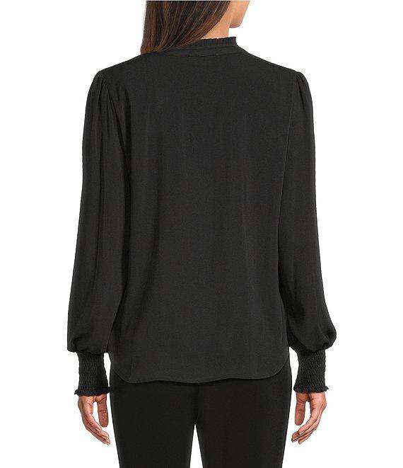 KARL LAGERFELD PARIS Round Neck Long Smocked Sleeve Button Front Blouse Product Image