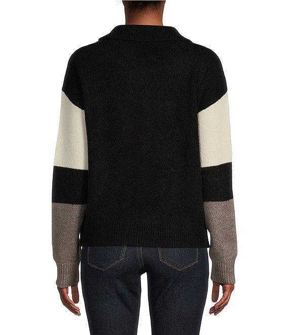 Takara Color Block Split V-Neck Collared Long Sleeve Pullover Sweater Product Image