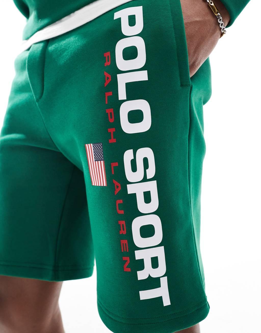 Polo Ralph Lauren Sport capsule large flag logo sweatshirt fabric shorts in mid green - part of a set Product Image