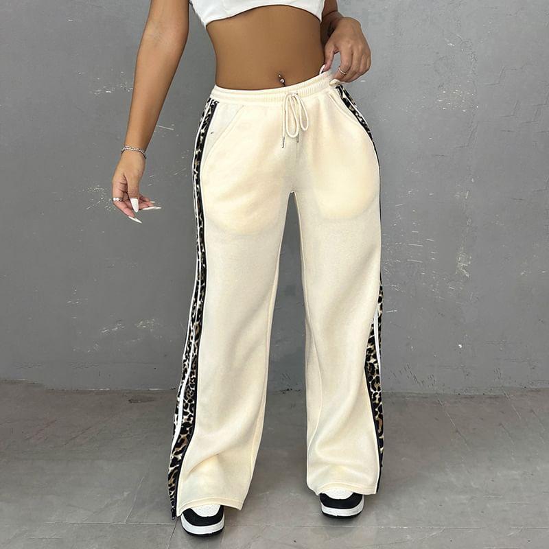 Elastic Waist Leopard Print Striped Panel Wide Leg Sweatpants Product Image