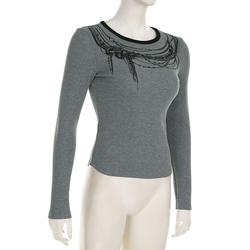 Long Sleeve Round Neck Chain Print T-Shirt Product Image