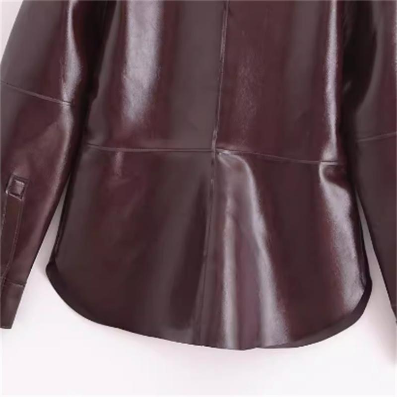 Long-Sleeve Plain Faux Leather Shirt / High Waist Mini A-Line Skirt Product Image