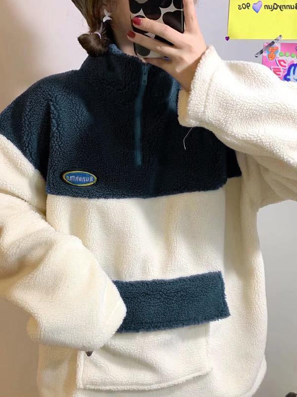 Lambswool Color Block Splice Zip Up mock Neck Sweatshirt Product Image