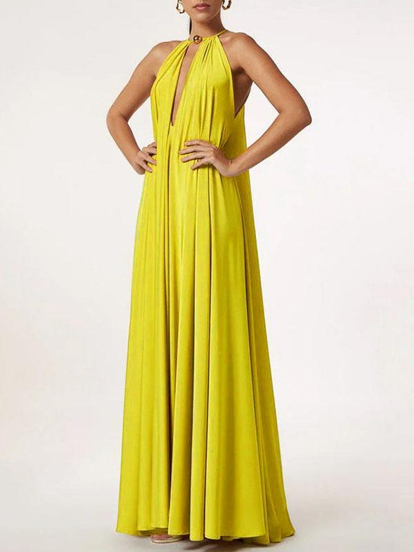 Sleeveless Solid Color Deep V-Neck Maxi Dresses Product Image