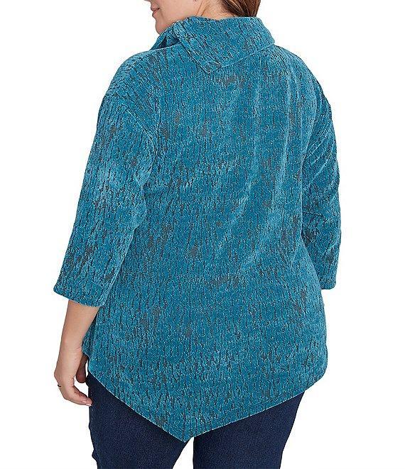 Ruby Rd. Plus Size Knit Faux Fois Bois Print Split Cowl Neck 3/4 Sleeve Asymmetric Hem Sweater Product Image