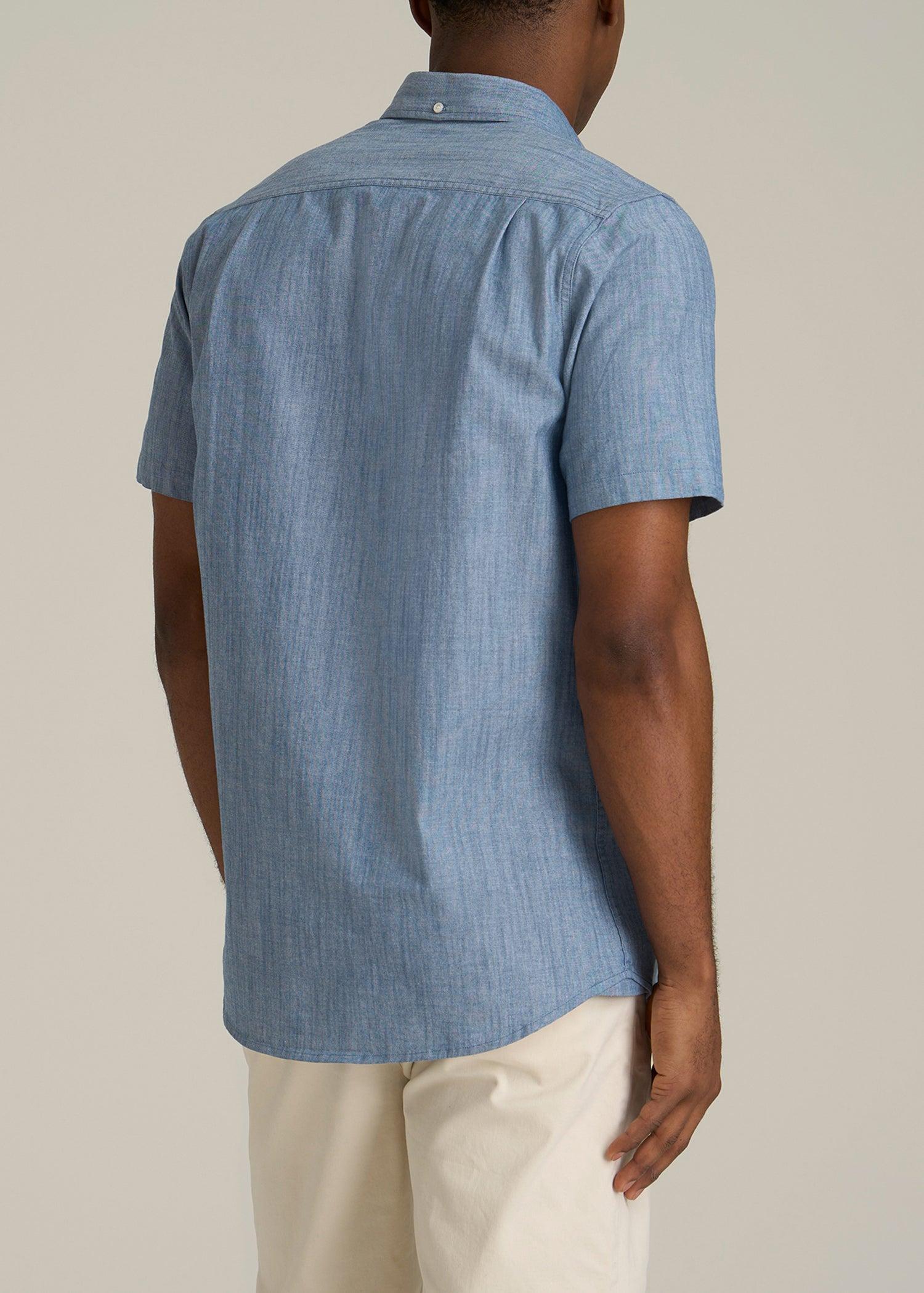 Short Sleeve Stretch Chambray Shirt for Tall Men in Medium Blue Chambray Male Product Image