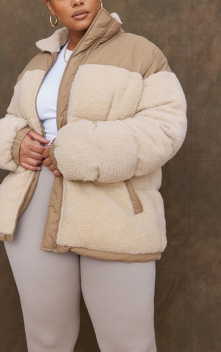 Plus Camel Borg Contrast Panelled Puffer Coat Product Image