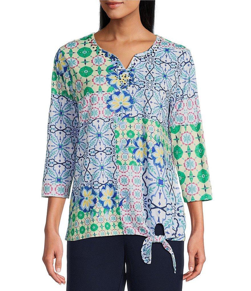 Allison Daley Petite Size Tile Block Print 3/4 Sleeve Split V-Neck Tie Hem Knit Top Product Image